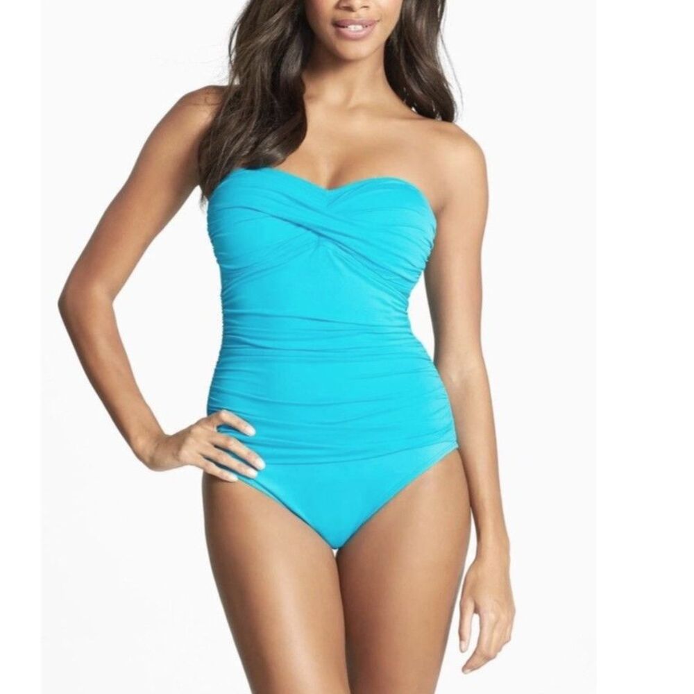 La Blanca Wmns Aqua Blue Strapless Twist Front Bandeau One Piece Swimsuit Size 6